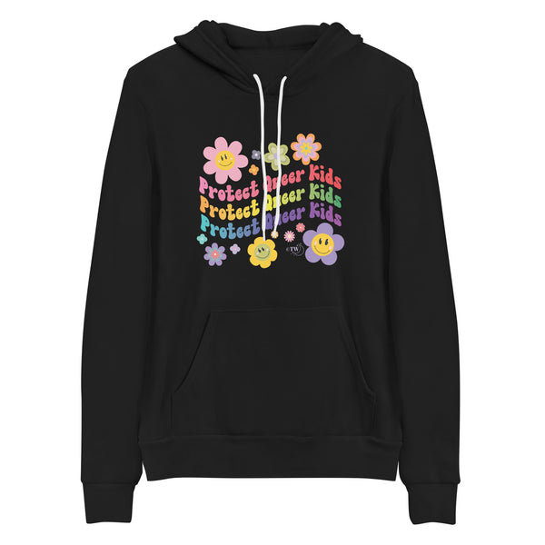 Based in Chicago by queer artist & designer Kayla Pekkala - Tiny Werewolves | Retro Flowers Protect Queer Kids Pullover Hoodie in Black | Shop to get your Pullover Hoodie with collections featuring retro-inspired designs infused with social commentary art, highlighting modern social & current events.