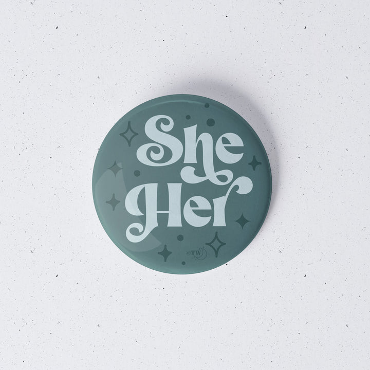 Based in Chicago by queer artist & designer Kayla Pekkala - Tiny Werewolves | She / Her Pronouns Retro Stars 1" Mini Button Pin in | Shop to get your Metal Pinback Button with collections featuring retro-inspired designs infused with social commentary art, highlighting modern social & current events.
