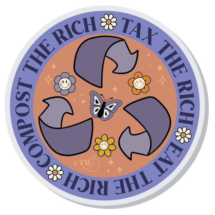 Based in Chicago by queer artist & designer Kayla Pekkala - Tiny Werewolves | Tax | Eat | Compost the Rich Acrylic Pin in | Shop to get your Acrylic Pin with collections featuring retro-inspired designs infused with social commentary art, highlighting modern social & current events.