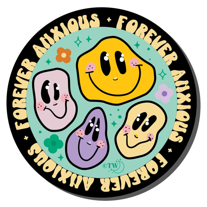 Based in Chicago by queer artist & designer Kayla Pekkala - Tiny Werewolves | Forever Anxious Acrylic Pin in Black | Shop to get your Acrylic Pin with collections featuring retro-inspired designs infused with social commentary art, highlighting modern social & current events.