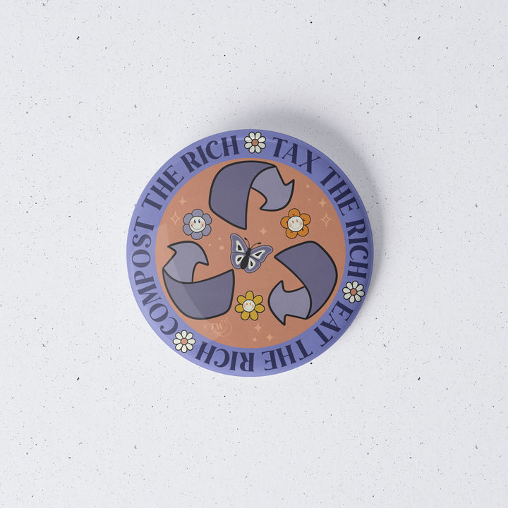 Based in Chicago by queer artist & designer Kayla Pekkala - Tiny Werewolves | Tax | Eat | Compost The Rich 1" Mini Button Pin in | Shop to get your Metal Pinback Button with collections featuring retro-inspired designs infused with social commentary art, highlighting modern social & current events.