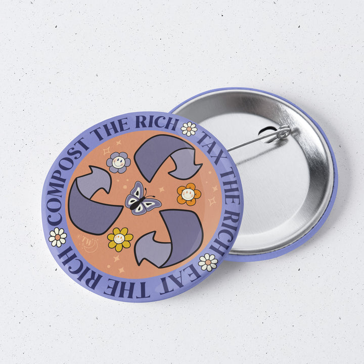 Based in Chicago by queer artist & designer Kayla Pekkala - Tiny Werewolves | Tax | Eat | Compost The Rich 1" Mini Button Pin in | Shop to get your Metal Pinback Button with collections featuring retro-inspired designs infused with social commentary art, highlighting modern social & current events.