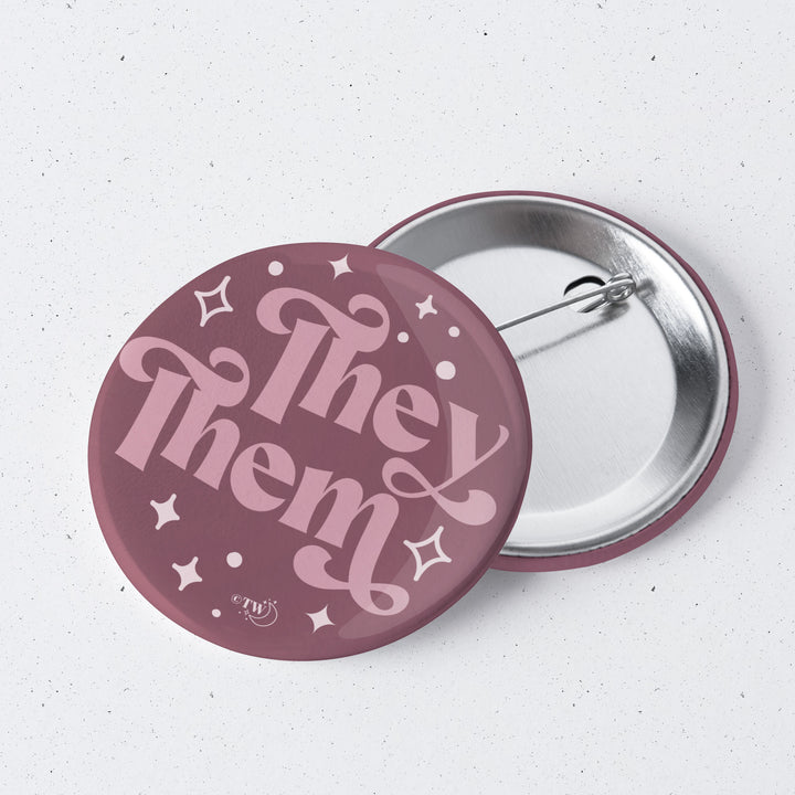 Based in Chicago by queer artist & designer Kayla Pekkala - Tiny Werewolves | They / Them Pronouns Retro Stars 1" Mini Button Pin in | Shop to get your Metal Pinback Button with collections featuring retro-inspired designs infused with social commentary art, highlighting modern social & current events.