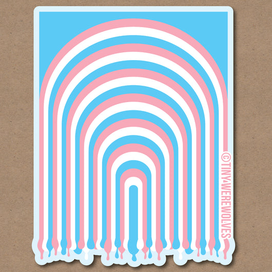 Based in Chicago by queer artist & designer Kayla Pekkala - Tiny Werewolves | Trans Dripping Rainbow Sticker in | Shop to get your Sticker with collections featuring retro-inspired designs infused with social commentary art, highlighting modern social & current events.