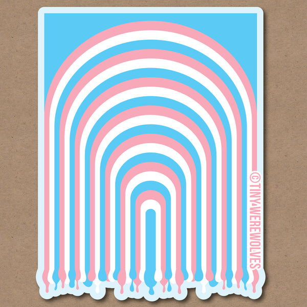 Based in Chicago by queer artist & designer Kayla Pekkala - Tiny Werewolves | Trans Dripping Rainbow Sticker in | Shop to get your Sticker with collections featuring retro-inspired designs infused with social commentary art, highlighting modern social & current events.