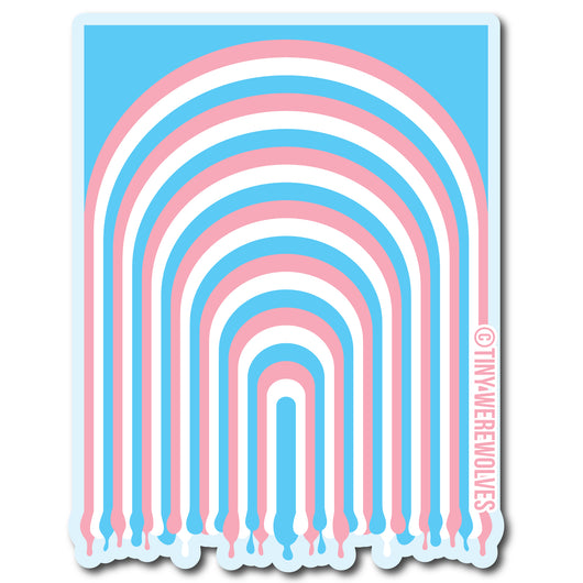 Based in Chicago by queer artist & designer Kayla Pekkala - Tiny Werewolves | Trans Dripping Rainbow Sticker in 5" Sticker | Shop to get your Sticker with collections featuring retro-inspired designs infused with social commentary art, highlighting modern social & current events.