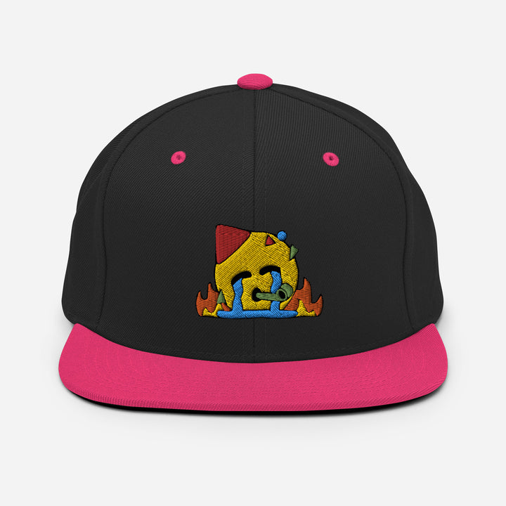 Based in Chicago by queer artist & designer Kayla Pekkala - Tiny Werewolves | Chaotic Party Emoji Embroidered Snapback in Black Neon Pink One Size | Shop to get your Snapback with collections featuring retro-inspired designs infused with social commentary art, highlighting modern social & current events.