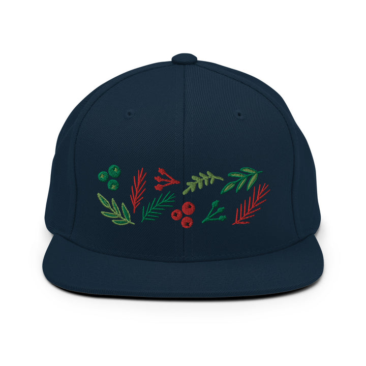 Based in Chicago by queer artist & designer Kayla Pekkala - Tiny Werewolves | Leaves and Berries Embroidered Snapback in Dark Navy | Shop to get your Snapback with collections featuring retro-inspired designs infused with social commentary art, highlighting modern social & current events.