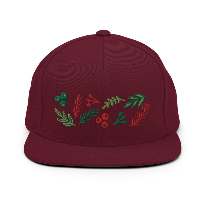 Based in Chicago by queer artist & designer Kayla Pekkala - Tiny Werewolves | Leaves and Berries Embroidered Snapback in Maroon | Shop to get your Snapback with collections featuring retro-inspired designs infused with social commentary art, highlighting modern social & current events.