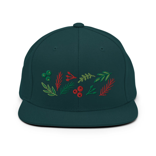 Based in Chicago by queer artist & designer Kayla Pekkala - Tiny Werewolves | Leaves and Berries Embroidered Snapback in Spruce | Shop to get your Snapback with collections featuring retro-inspired designs infused with social commentary art, highlighting modern social & current events.