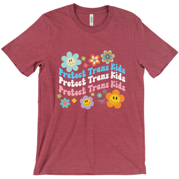 Based in Chicago by queer artist & designer Kayla Pekkala - Tiny Werewolves | Retro Flowers Protect Trans Kids Tee in Heather Raspberry | Shop to get your Tee with collections featuring retro-inspired designs infused with social commentary art, highlighting modern social & current events.