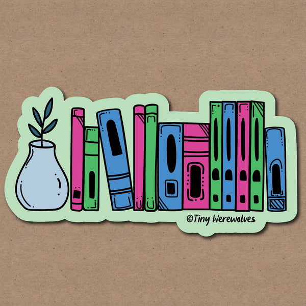 Based in Chicago by queer artist & designer Kayla Pekkala - Tiny Werewolves | Polysexual Bookshelf Pride Sticker in 5" Sticker | Shop to get your Sticker with collections featuring retro-inspired designs infused with social commentary art, highlighting modern social & current events.