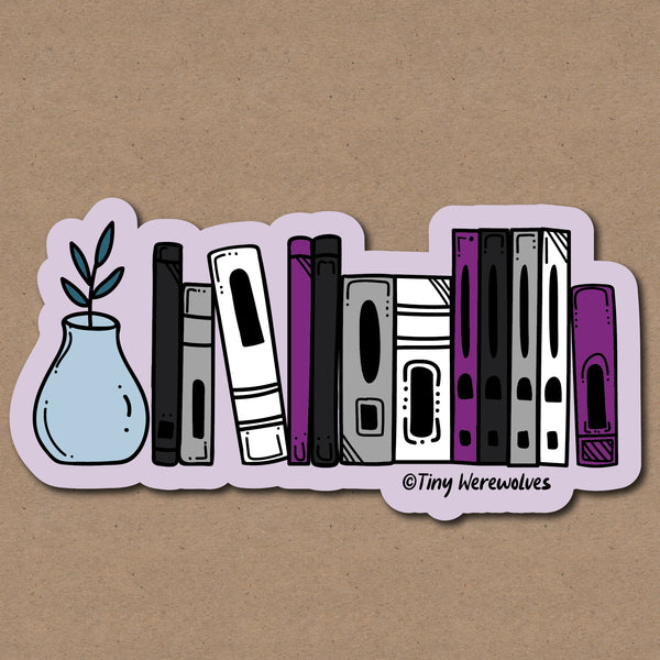 Based in Chicago by queer artist & designer Kayla Pekkala - Tiny Werewolves | Asexual Bookshelf Pride Sticker in 5" Sticker | Shop to get your Sticker with collections featuring retro-inspired designs infused with social commentary art, highlighting modern social & current events.