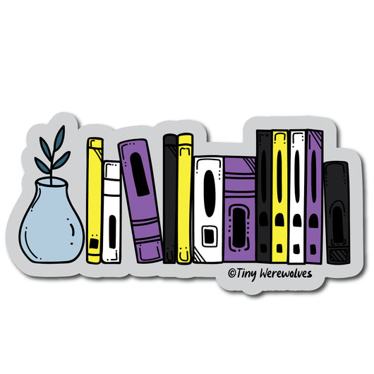 Based in Chicago by queer artist & designer Kayla Pekkala - Tiny Werewolves | Non-Binary Bookshelf Pride Sticker in | Shop to get your Sticker with collections featuring retro-inspired designs infused with social commentary art, highlighting modern social & current events.