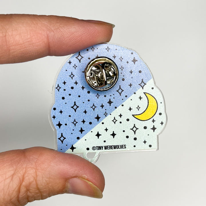 Based in Chicago by queer artist & designer Kayla Pekkala - Tiny Werewolves | He / Him Pronouns Bubble Acrylic Pin in | Shop to get your Acrylic Pin with collections featuring retro-inspired designs infused with social commentary art, highlighting modern social & current events.