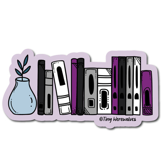 Based in Chicago by queer artist & designer Kayla Pekkala - Tiny Werewolves | Asexual Bookshelf Pride Sticker in | Shop to get your Sticker with collections featuring retro-inspired designs infused with social commentary art, highlighting modern social & current events.