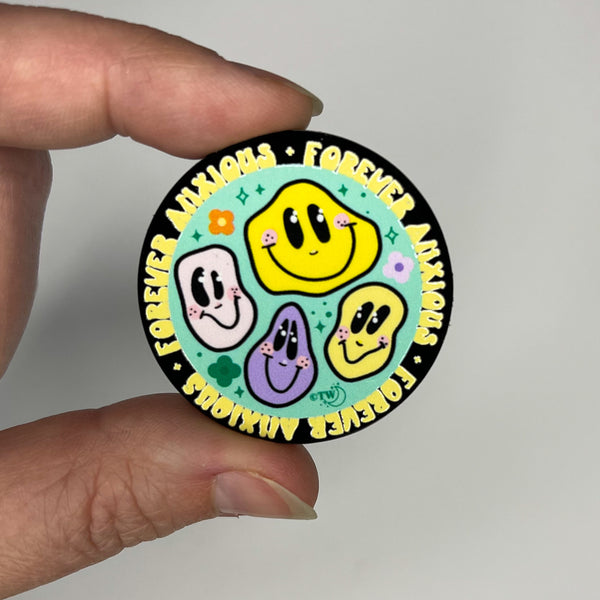 Based in Chicago by queer artist & designer Kayla Pekkala - Tiny Werewolves | Forever Anxious Acrylic Pin in | Shop to get your Acrylic Pin with collections featuring retro-inspired designs infused with social commentary art, highlighting modern social & current events.