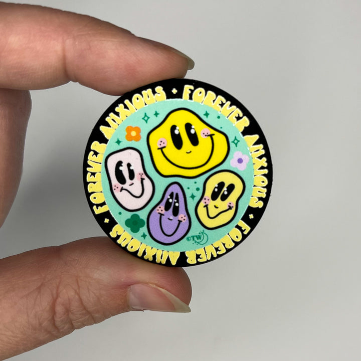Based in Chicago by queer artist & designer Kayla Pekkala - Tiny Werewolves | Forever Anxious Acrylic Pin in | Shop to get your Acrylic Pin with collections featuring retro-inspired designs infused with social commentary art, highlighting modern social & current events.