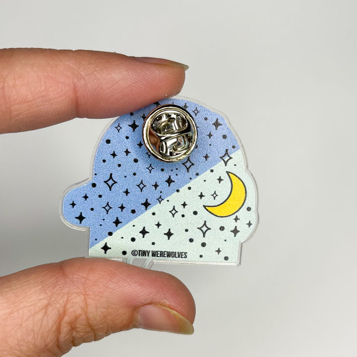 Based in Chicago by queer artist & designer Kayla Pekkala - Tiny Werewolves | They / Them Pronouns Bubble Acrylic Pin in | Shop to get your Acrylic Pin with collections featuring retro-inspired designs infused with social commentary art, highlighting modern social & current events.