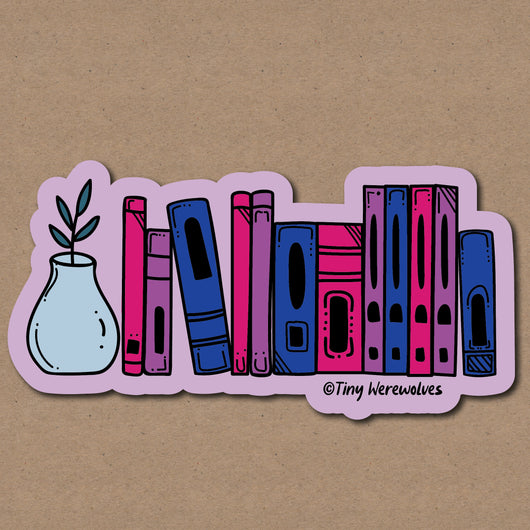 Based in Chicago by queer artist & designer Kayla Pekkala - Tiny Werewolves | Bisexual Bookshelf Pride Sticker in 5" Sticker | Shop to get your Sticker with collections featuring retro-inspired designs infused with social commentary art, highlighting modern social & current events.