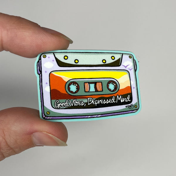 Based in Chicago by queer artist & designer Kayla Pekkala - Tiny Werewolves | Good Vibes, Depressed Mind Acrylic Pin in Aqua | Shop to get your Acrylic Pin with collections featuring retro-inspired designs infused with social commentary art, highlighting modern social & current events.