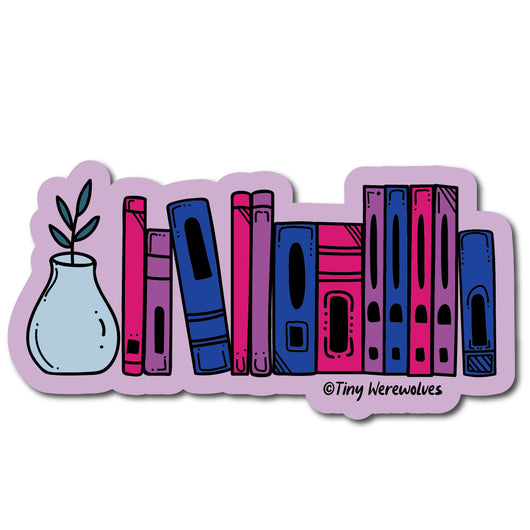 Based in Chicago by queer artist & designer Kayla Pekkala - Tiny Werewolves | Bisexual Bookshelf Pride Sticker in | Shop to get your Sticker with collections featuring retro-inspired designs infused with social commentary art, highlighting modern social & current events.
