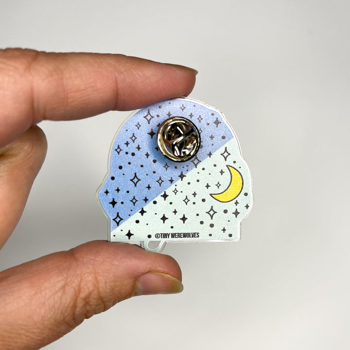 Based in Chicago by queer artist & designer Kayla Pekkala - Tiny Werewolves | He / They Pronouns Bubble Acrylic Pin in | Shop to get your Acrylic Pin with collections featuring retro-inspired designs infused with social commentary art, highlighting modern social & current events.