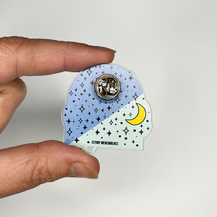 Based in Chicago by queer artist & designer Kayla Pekkala - Tiny Werewolves | She / Her Pronouns Bubble Acrylic Pin in | Shop to get your Acrylic Pin with collections featuring retro-inspired designs infused with social commentary art, highlighting modern social & current events.