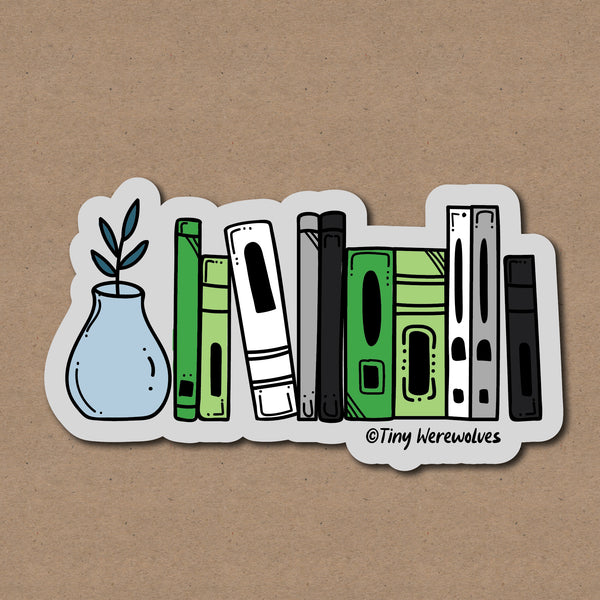 Based in Chicago by queer artist & designer Kayla Pekkala - Tiny Werewolves | Aromantic Bookshelf Pride Sticker in 5" Sticker | Shop to get your Sticker with collections featuring retro-inspired designs infused with social commentary art, highlighting modern social & current events.
