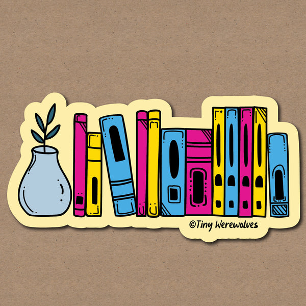 Based in Chicago by queer artist & designer Kayla Pekkala - Tiny Werewolves | Pansexual Bookshelf Pride Sticker in 5" Sticker | Shop to get your Sticker with collections featuring retro-inspired designs infused with social commentary art, highlighting modern social & current events.