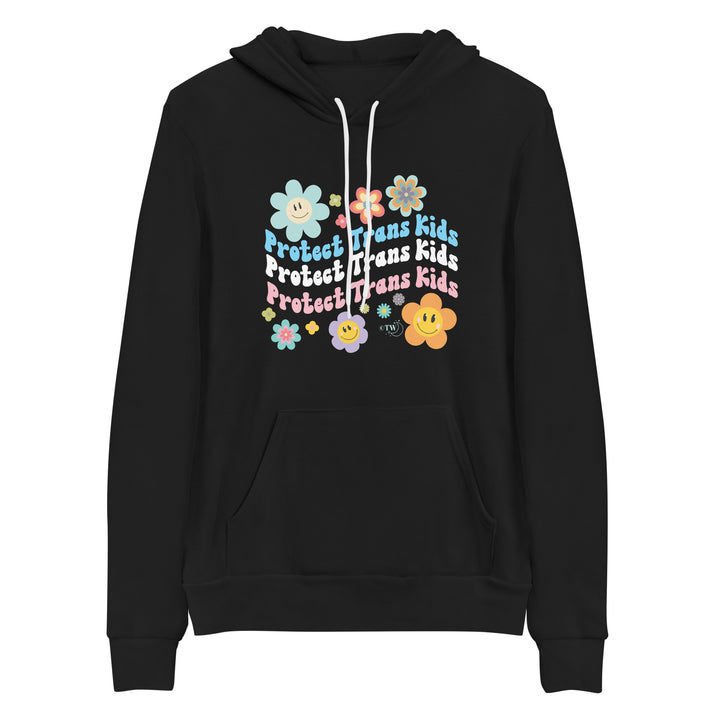 Based in Chicago by queer artist & designer Kayla Pekkala - Tiny Werewolves | Retro Flowers Protect Trans Kids Pullover Hoodie in Black | Shop to get your Pullover Hoodie with collections featuring retro-inspired designs infused with social commentary art, highlighting modern social & current events.