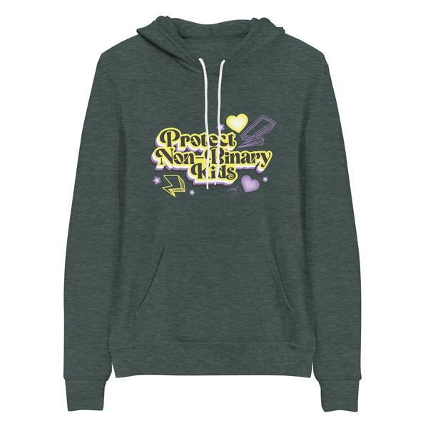 Based in Chicago by queer artist & designer Kayla Pekkala - Tiny Werewolves | Retro Protect Non-Binary Kids Pullover Hoodie in Heather Forest | Shop to get your Pullover Hoodie with collections featuring retro-inspired designs infused with social commentary art, highlighting modern social & current events.