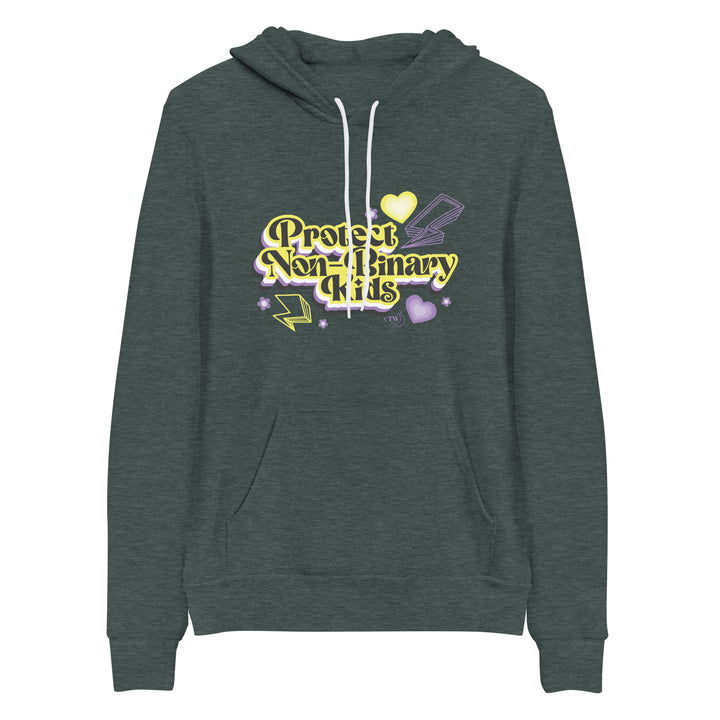 Based in Chicago by queer artist & designer Kayla Pekkala - Tiny Werewolves | Retro Protect Non-Binary Kids Pullover Hoodie in Heather Forest | Shop to get your Pullover Hoodie with collections featuring retro-inspired designs infused with social commentary art, highlighting modern social & current events.