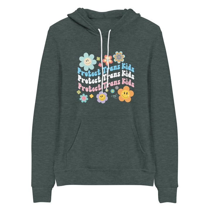 Based in Chicago by queer artist & designer Kayla Pekkala - Tiny Werewolves | Retro Flowers Protect Trans Kids Pullover Hoodie in Heather Forest | Shop to get your Pullover Hoodie with collections featuring retro-inspired designs infused with social commentary art, highlighting modern social & current events.