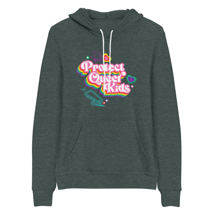 Based in Chicago by queer artist & designer Kayla Pekkala - Tiny Werewolves | Retro Protect Queer Kids Pullover Hoodie in Heather Forest | Shop to get your Pullover Hoodie with collections featuring retro-inspired designs infused with social commentary art, highlighting modern social & current events.