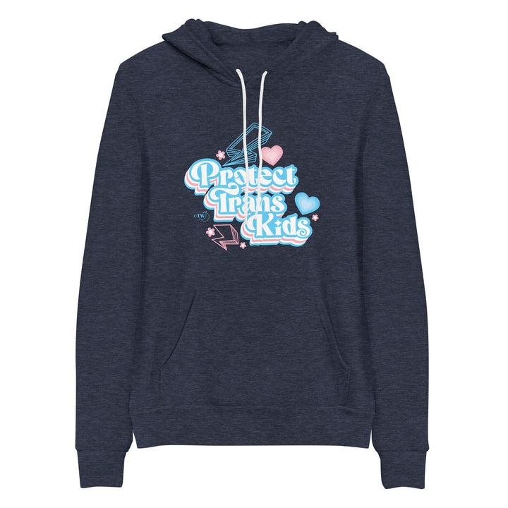 Based in Chicago by queer artist & designer Kayla Pekkala - Tiny Werewolves | Retro Protect Trans Kids Pullover Hoodie in Heather Navy | Shop to get your Pullover Hoodie with collections featuring retro-inspired designs infused with social commentary art, highlighting modern social & current events.