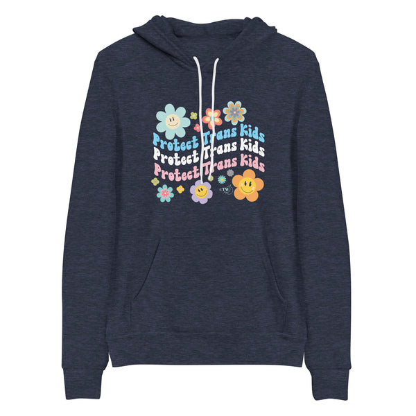 Based in Chicago by queer artist & designer Kayla Pekkala - Tiny Werewolves | Retro Flowers Protect Trans Kids Pullover Hoodie in Heather Navy | Shop to get your Pullover Hoodie with collections featuring retro-inspired designs infused with social commentary art, highlighting modern social & current events.