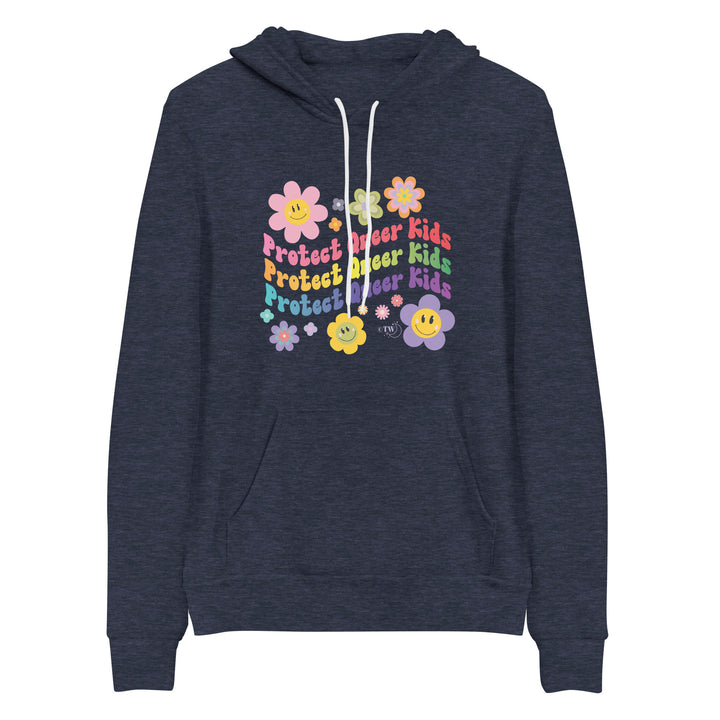 Based in Chicago by queer artist & designer Kayla Pekkala - Tiny Werewolves | Retro Flowers Protect Queer Kids Pullover Hoodie in Heather Navy | Shop to get your Pullover Hoodie with collections featuring retro-inspired designs infused with social commentary art, highlighting modern social & current events.
