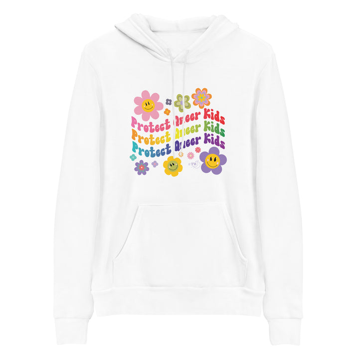 Based in Chicago by queer artist & designer Kayla Pekkala - Tiny Werewolves | Retro Flowers Protect Queer Kids Pullover Hoodie in White | Shop to get your Pullover Hoodie with collections featuring retro-inspired designs infused with social commentary art, highlighting modern social & current events.